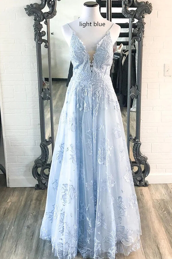 Lavender A-line V-neck Spaghetti Straps Lace Appliques Long Prom Dress, SP864 | blue prom dresses | tulle prom dresses | dress for prom | simidress.com