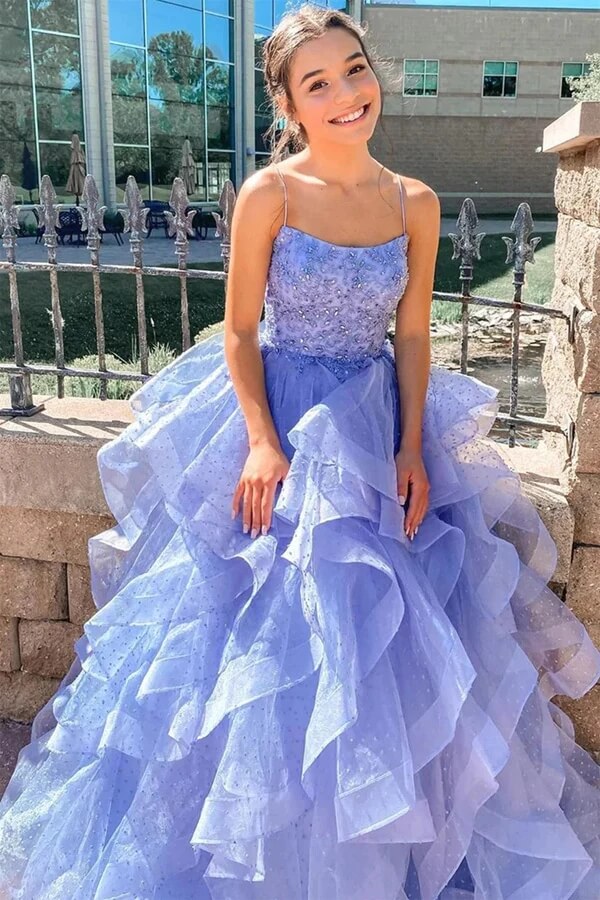 Lavender Puffy Tulle A-line Scoop Spaghetti Straps Long Prom Dresses, SP889 | purple prom dresses | a line prom dresses | tulle prom dresses | simidress.com
