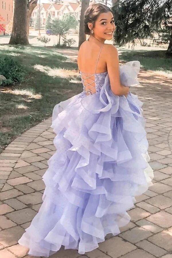 Lavender Puffy Tulle A-line Scoop Spaghetti Straps Long Prom Dresses, SP889 | long formal dresses | beaded prom dresses | ball gown prom dress | simidress.com