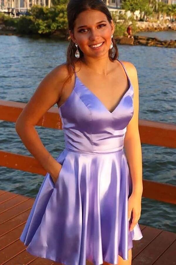 Lavender Satin A-line Spaghetti Straps Homecoming Dresses With Pocket, SH585 | short homecoming dresses | cheap homecoming dresses | short prom dresses | www.simidress.com