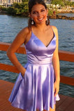Lavender Satin A-line Spaghetti Straps Homecoming Dresses With Pocket, SH585 | short homecoming dresses | cheap homecoming dresses | short prom dresses | www.simidress.com