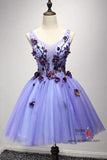 Lavender Tulle A-line Short Homecoming Dresses With Flower Appliques, SH579