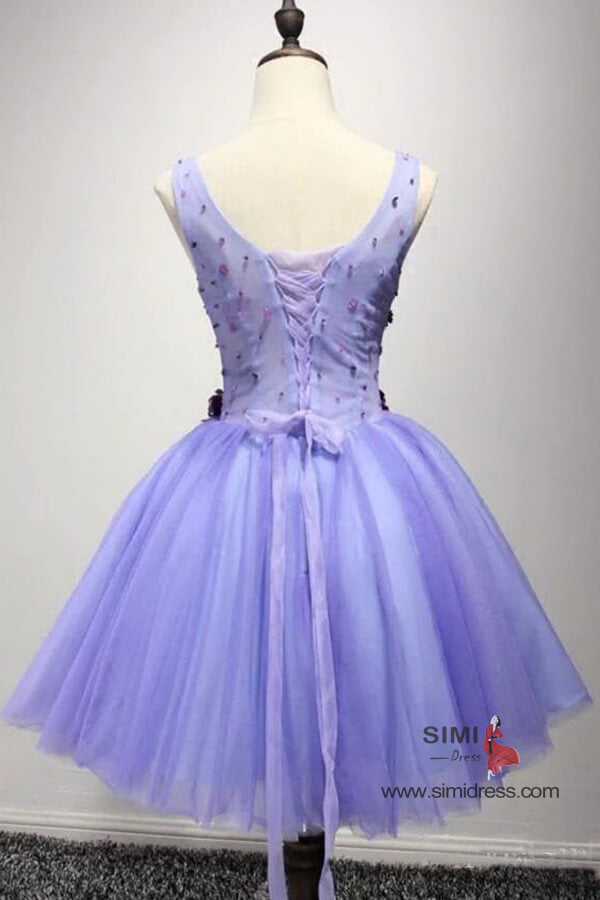 Lavender Tulle A-line Short Homecoming Dresses With Flower Appliques, SH579 | tulle homecoming dresses | cheap homecoming dresses online | graduation dresses | www.simidress.com