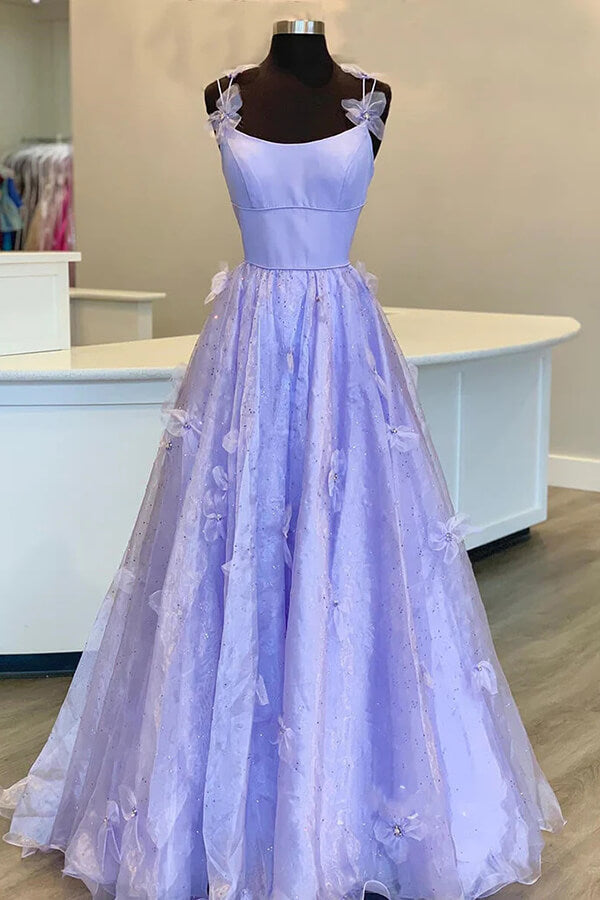 Lavender Tulle A-line Spaghetti Straps Floral Prom Dresses, Evening Dress, SP900 | pink prom dresses | floral prom dresses | cheap long prom dresses | simidress.com