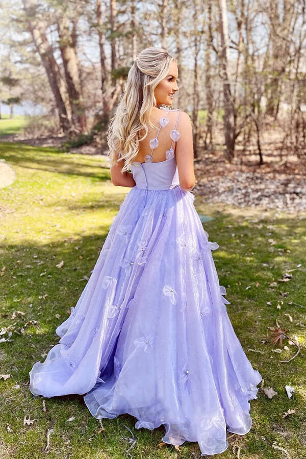 Lavender Tulle A-line Spaghetti Straps Floral Prom Dresses, Evening Dress, SP900 | a line prom dresses | long prom dress | evening gown | simidress.com