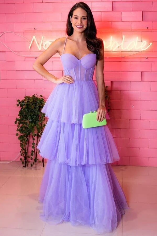 Lavender Tulle Sweetheart Spaghetti Straps Layered Skirt Prom Dresses, SP901 | purple prom dresses | simple prom dresses | a line prom dress | simidress.com