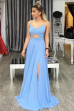 Light Blue A-line Spaghetti Strapes Long Prom Dresses With Side Split, SP715