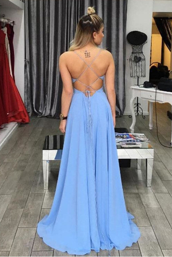 Light Blue A-line Spaghetti Strapes Long Prom Dresses With Side Split, SP633 | evening dresses | party dresses | formal dresses long | www.simidress.com