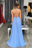 Light Blue A-line Spaghetti Strapes Long Prom Dresses With Side Split, SP633 | evening dresses | party dresses | formal dresses long | www.simidress.com
