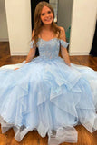 Light Blue A-line Tulle Off Shoulder Long Prom Dresses, Evening Gowns, SP937 | blue prom dresses | lace prom dresses | party dress | simidress.com