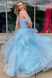 Light Blue A-line Tulle Off Shoulder Long Prom Dresses, Evening Gowns, SP937 | a line prom dresses | cheap long prom dress | evening dress | simidress.com