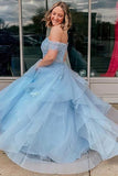Light Blue A-line Tulle Off Shoulder Long Prom Dresses, Evening Gowns, SP937 | simple prom dresses | long formal dresses | prom dresses for teens | simidress.com