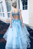 Light Blue A-line V-neck Open Back Long Prom Dresses With Lace Appliques, SP756 | light blue prom dress | tulle lace prom dresses | long formal dresses | evening gown | www.simidress.com