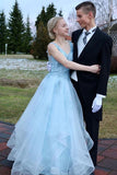 Light Blue A-line V-neck Open Back Long Prom Dresses With Lace Appliques, SP756