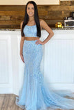 Light Blue Lace Mermaid Two Piece Scoop Prom Dresses, Evening Gown, SP744