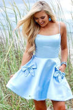 ​Light Blue Satin Homecoming Dresses With Pockets, Short Party Dresses, SH595 | blue homecoming dresses | cute homecoming dress | graduation dresses | simidress.com