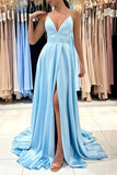 Light Blue Silk Satin A-line V-neck Long Prom Dresses, Evening Dresses, SP934 | satin prom dress | long formal dresses | prom dresses | simidress.com