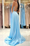 Light Blue Silk Satin A-line V-neck Long Prom Dresses, Evening Dresses, SP934 | a line prom dresses | party dresses | evening gown | simidress.com