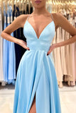 Light Blue Silk Satin A-line V-neck Long Prom Dresses, Evening Dresses, SP934 | prom dresses online | prom dress stores | new arrivals prom dress | simidress.com