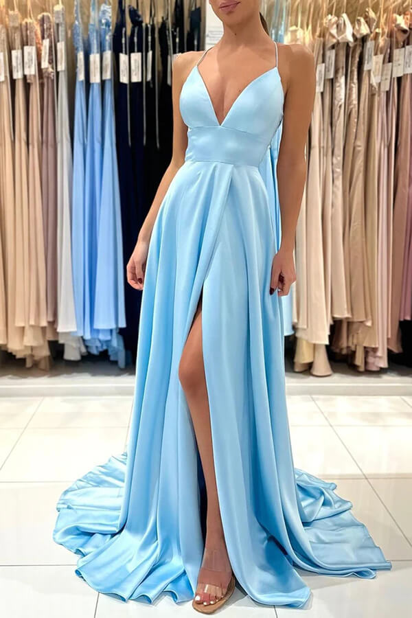 Light Blue Silk Satin A-line V-neck Long Prom Dresses, Evening Dresses, SP934 | blue prom dresses | simple prom dresses | cheap prom dresses | simidress.com