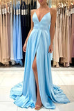 Light Blue Silk Satin A-line V-neck Long Prom Dresses, Evening Dresses, SP934