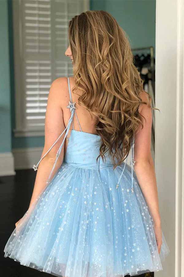​Light Blue Tulle A-line Scoop Stars Homecoming Dress, Short Party Dresses, SH571 | short homecoming dresses | short prom dresses | sweet 16 dresses | homecoming dresses | www.simidress.com​