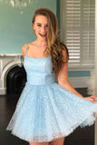 Light Blue Tulle A-line Scoop Stars Homecoming Dress, Short Party Dresses, SH571