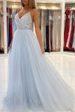 Light Blue Tulle A-line V-neck Backless Long Prom Dresses, Evening Gown, SP781 | light blue prom dresses | evening dresses | long prom dresses | www.simidress.com