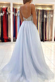 Light Blue Tulle A-line V-neck Backless Long Prom Dresses, Evening Gown, SP781 | cheap prom dresses online | evening dresses | tulle a line prom dress | www.simidress.com