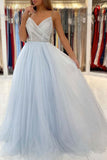 Light Blue Tulle A-line V-neck Backless Long Prom Dresses, Evening Gown, SP781 | a line prom dresses | evening gowns | long formal dresses | www.simidress.com