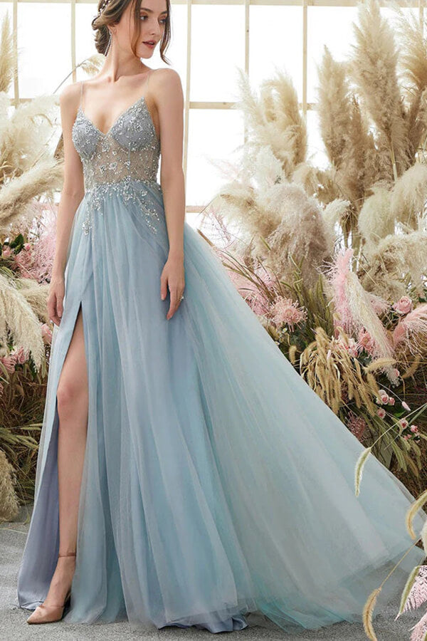 Light Blue Tulle Beaded A-line V-neck Long Prom Dresses, Evening Gowns, SP833 | beaded prom dresses | blue prom dresses | a line prom dresses | simidress.com