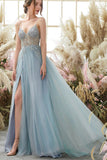 Light Blue Tulle Beaded A-line V-neck Long Prom Dresses, Evening Gowns, SP833