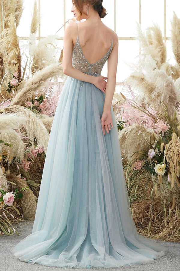 Light Blue Tulle Beaded A-line V-neck Long Prom Dresses, Evening Gowns, SP833 | long prom dresses | long formal dresses | evening gown | simidress.com