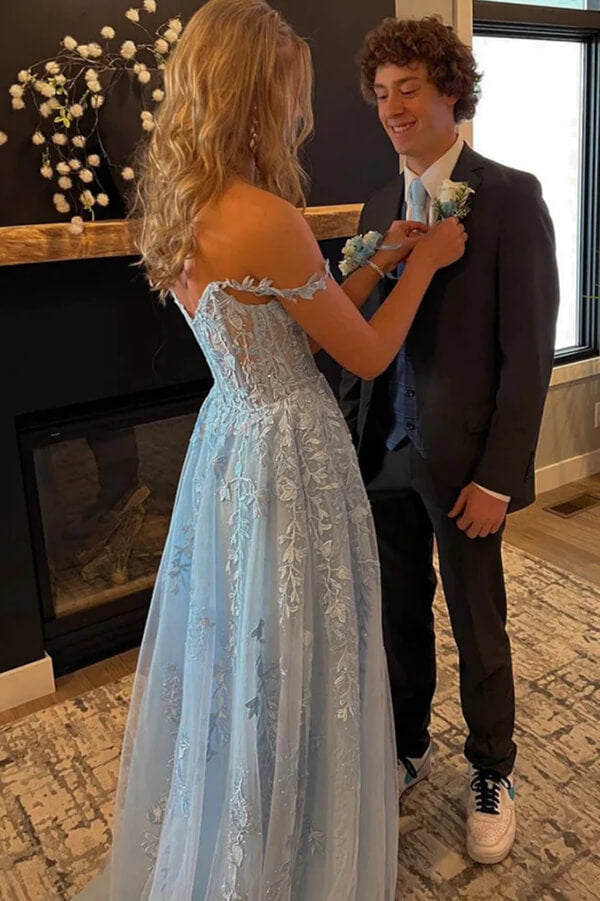 Light Blue Tulle Off Shoulder Long Prom Dresses With Lace Appliques, SP952 | blue prom dress | party dresses | evening dresses | simidress.com