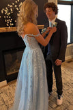 Light Blue Tulle Off Shoulder Long Prom Dresses With Lace Appliques, SP952 | blue prom dress | party dresses | evening dresses | simidress.com