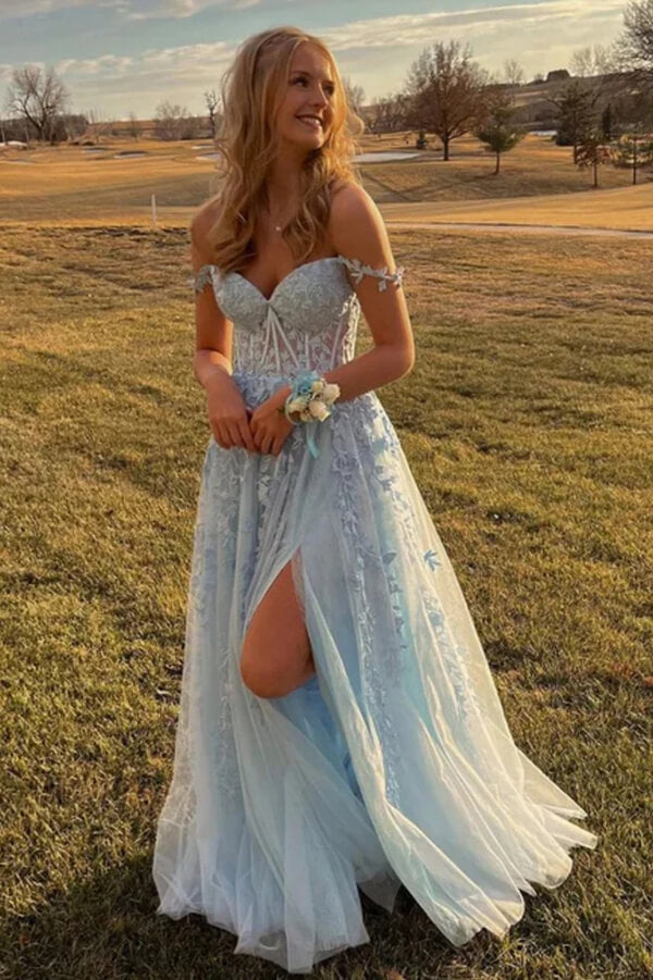 Light Blue Tulle Off Shoulder Long Prom Dresses With Lace Appliques, SP952 | lace prom dress | cheap prom dress | new arrivals prom dress | simidress.com