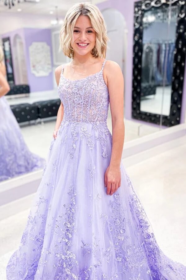 Lilac A-line Spaghetti Straps Prom Dresses With Lace Appliques, Evening Gown, SP825 | lilac prom dresses | cheap long prom dresses | lace prom dresses | simidress.com