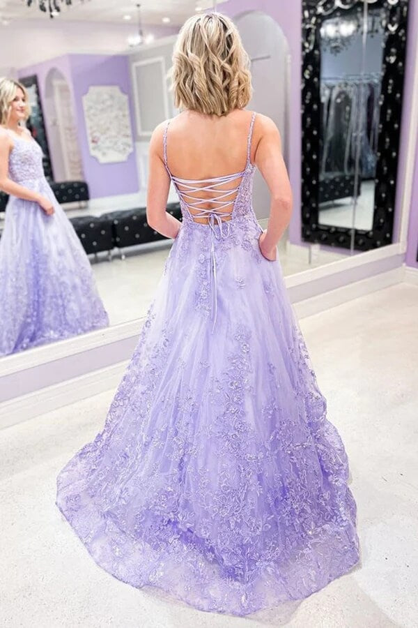A Line Purple Backless Tulle Long Prom Dress | KissProm