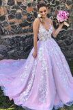Lilac A-line V-neck Backless Lace Appliques Prom Dress, Evening Gown, SP892