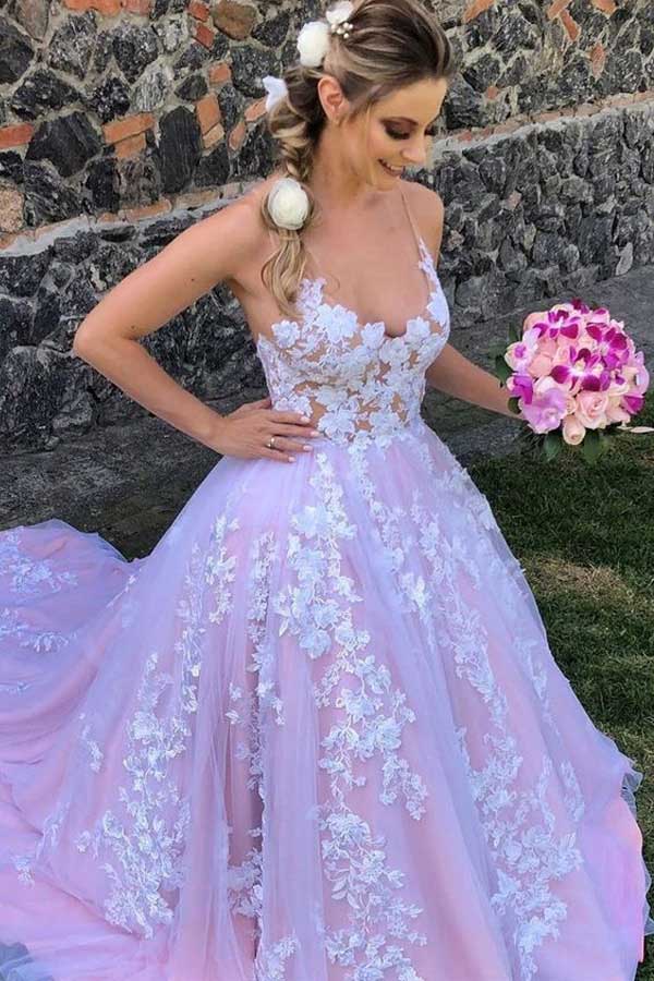 Lilac A-line V-neck Backless Lace Appliques Prom Dress, Evening Gown, SP886 | party dresses | a line prom dresses | v neck prom dresses | simidress.com