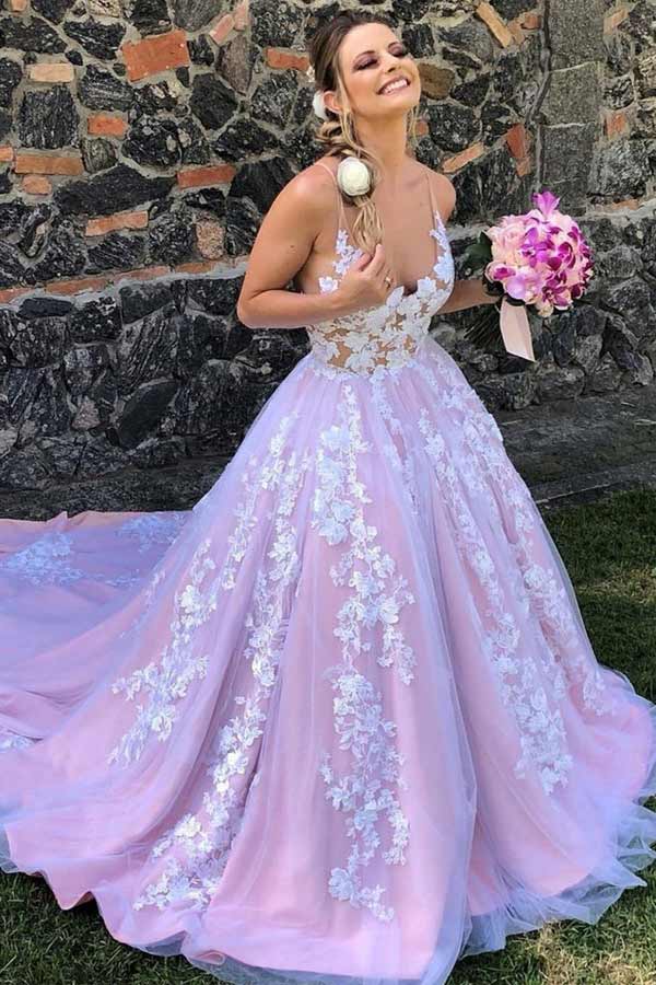 Lilac A-line V-neck Backless Lace Appliques Prom Dress, Evening Gown, SP886 | lace prom dresses | cheap prom dresses | long formal dresses | simidress.com