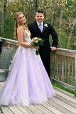 Lilac A-line V-neck Evening Dress, Long Prom Dresses With Appliques, SP691 | lace prom dresses | formal dresses | evening gowns | prom dresses | www.simidress.com