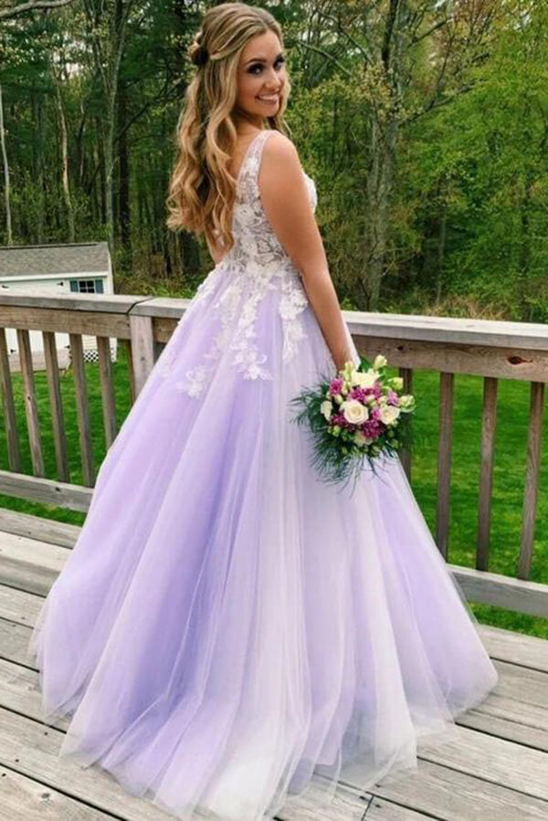 Lilac A-line V-neck Prom Dresses With Appliques, SP691