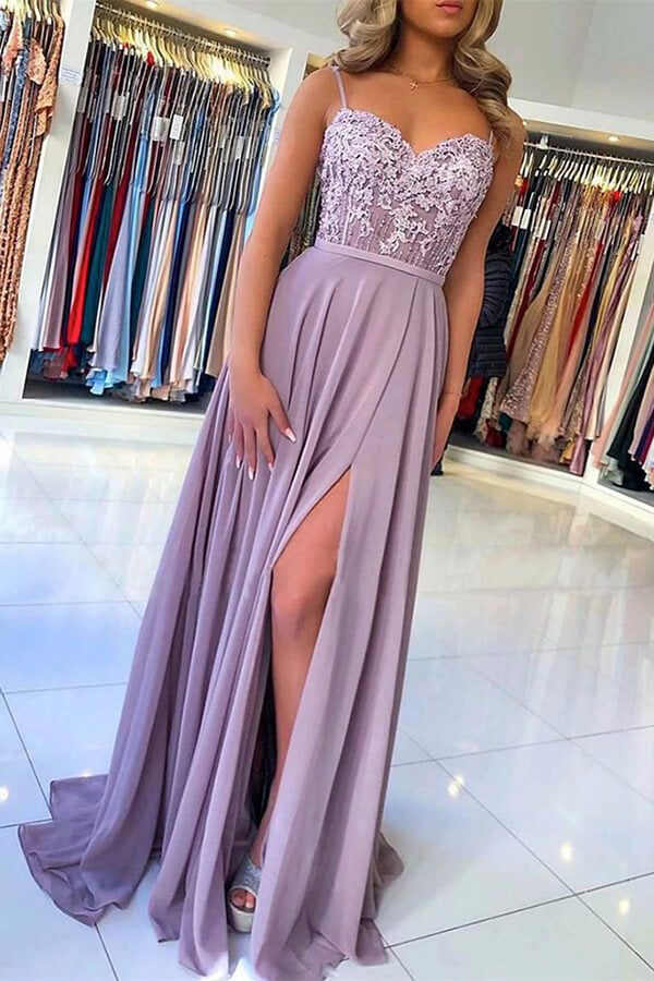 Lilac Chiffon A-line Spaghetti Straps Prom Dresses SP795