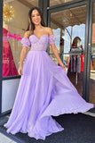 Lilac Chiffon A-line Strapless Floor Length Prom Dresses, Evening Dresses, SP945