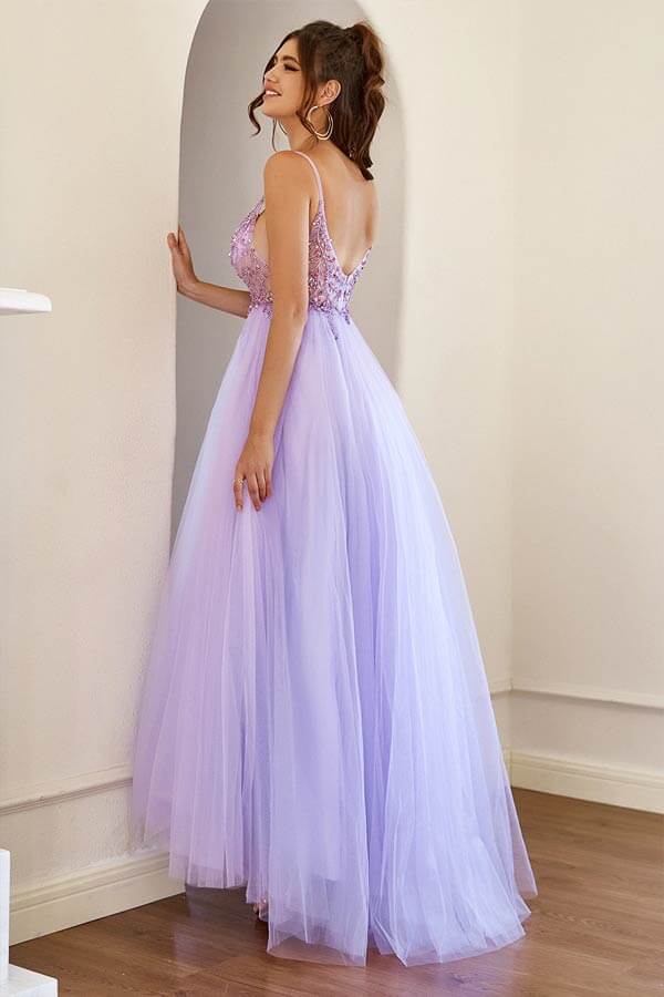 Lilac Tulle A line Long Prom Dresses With Beading SP849 Simidress