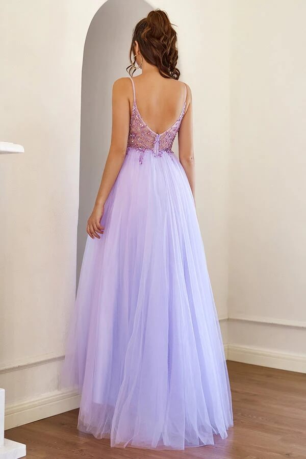 Lilac Tulle A-line Long Prom Dresses With Beading, Long Formal Dresses, SP849 | sparkly prom dresses | tulle prom dresses | evening gown | simidress.com