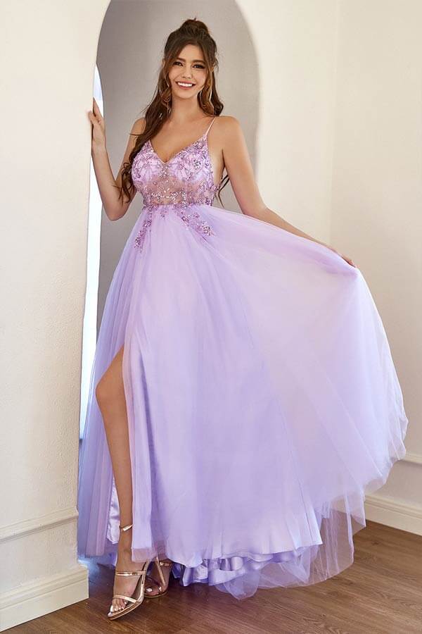 Lilac Tulle A-line Long Prom Dresses With Beading, Long Formal Dresses, SP849 | floor length prom dresses | evening dresses | prom dress stores | simidress.com