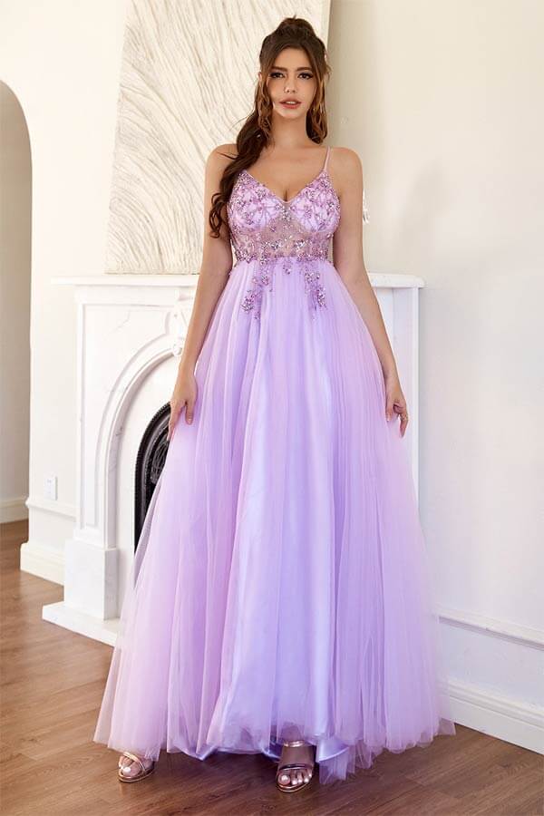 Lilac Tulle A-line Long Prom Dresses With Beading SP849