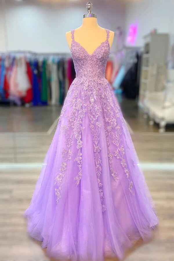Lilac Tulle A-line V-neck Prom Dress With Appliques SP883 | Simidress Lilac Tulle A-line V-neck Prom Dress With Appliques SP883 | Simidress
